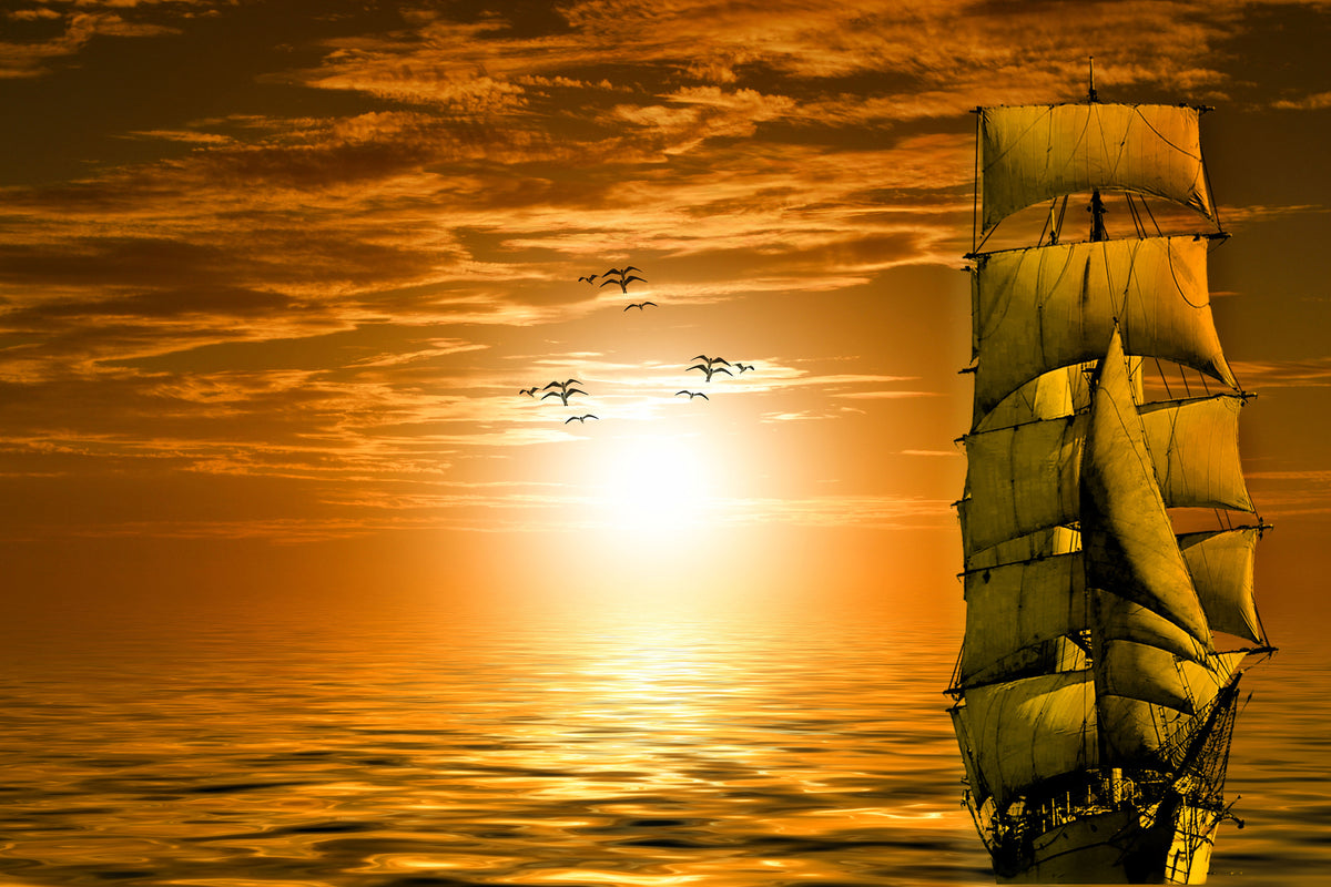 3-piece-aluminium-print-sailing-ship-in-the-sunset